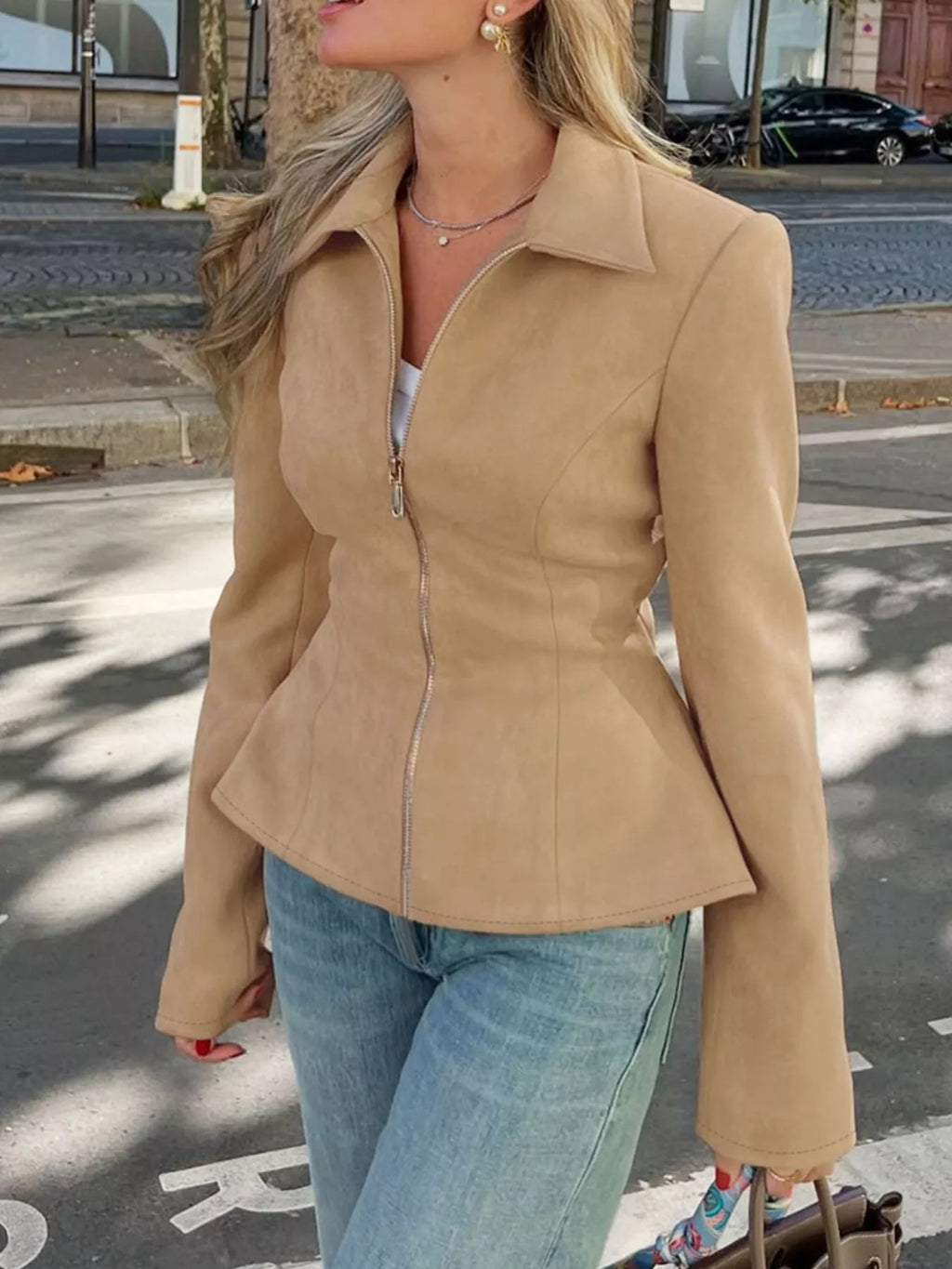 women's suede zip-up fitted jacket - close-up detail