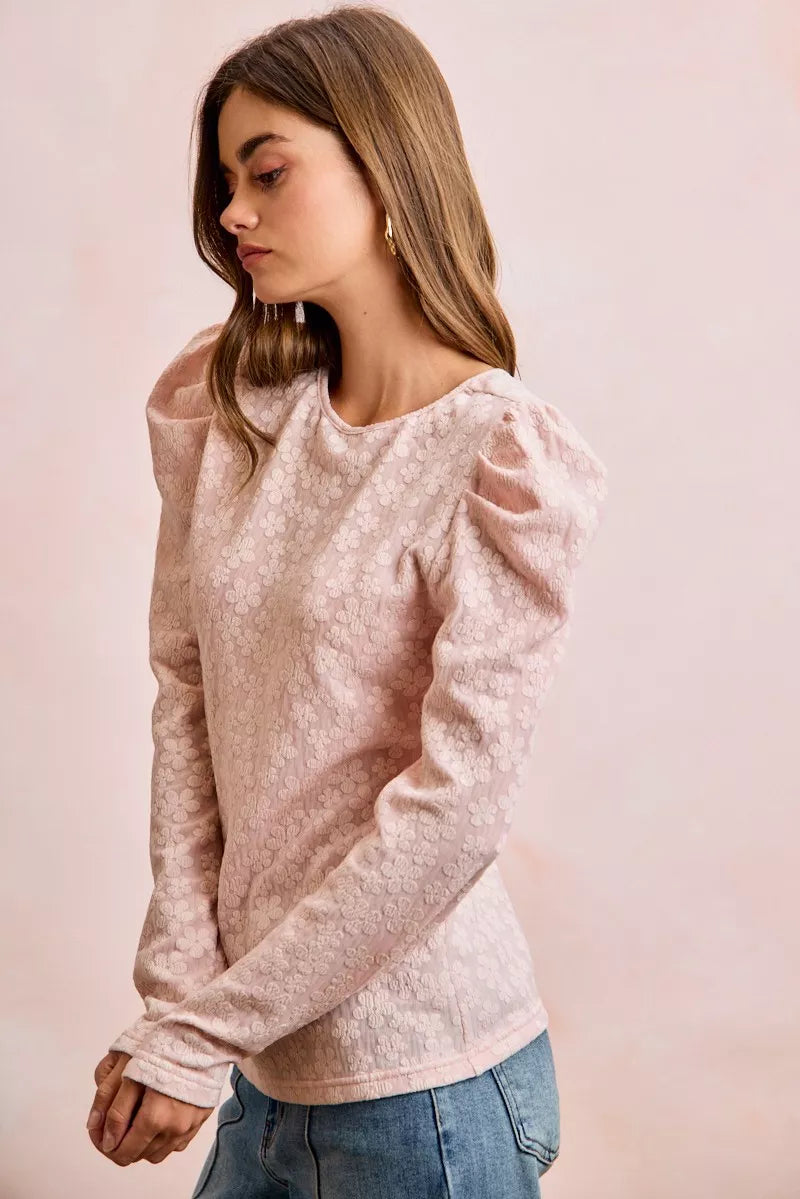 women's bibi textured flower knit puff shoulder top - side view