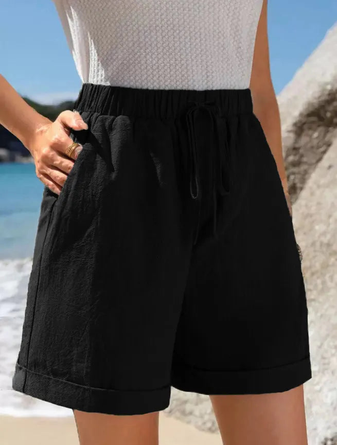 Full Size Drawstring Linen Blend Shorts Plus Size Black