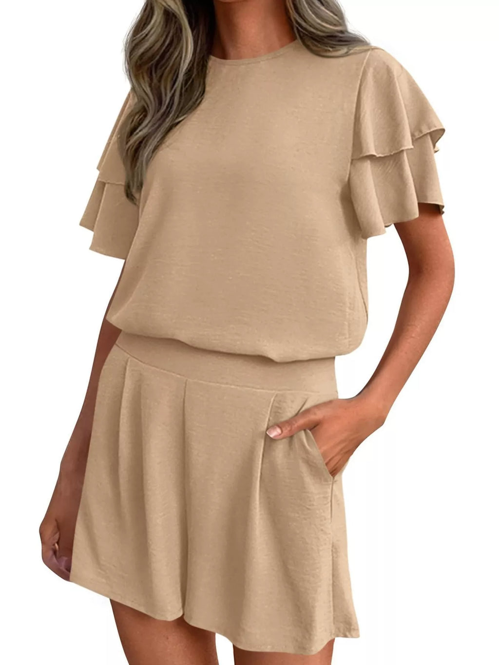 women's ruffle sleeve top and shorts two-piece set - additional image