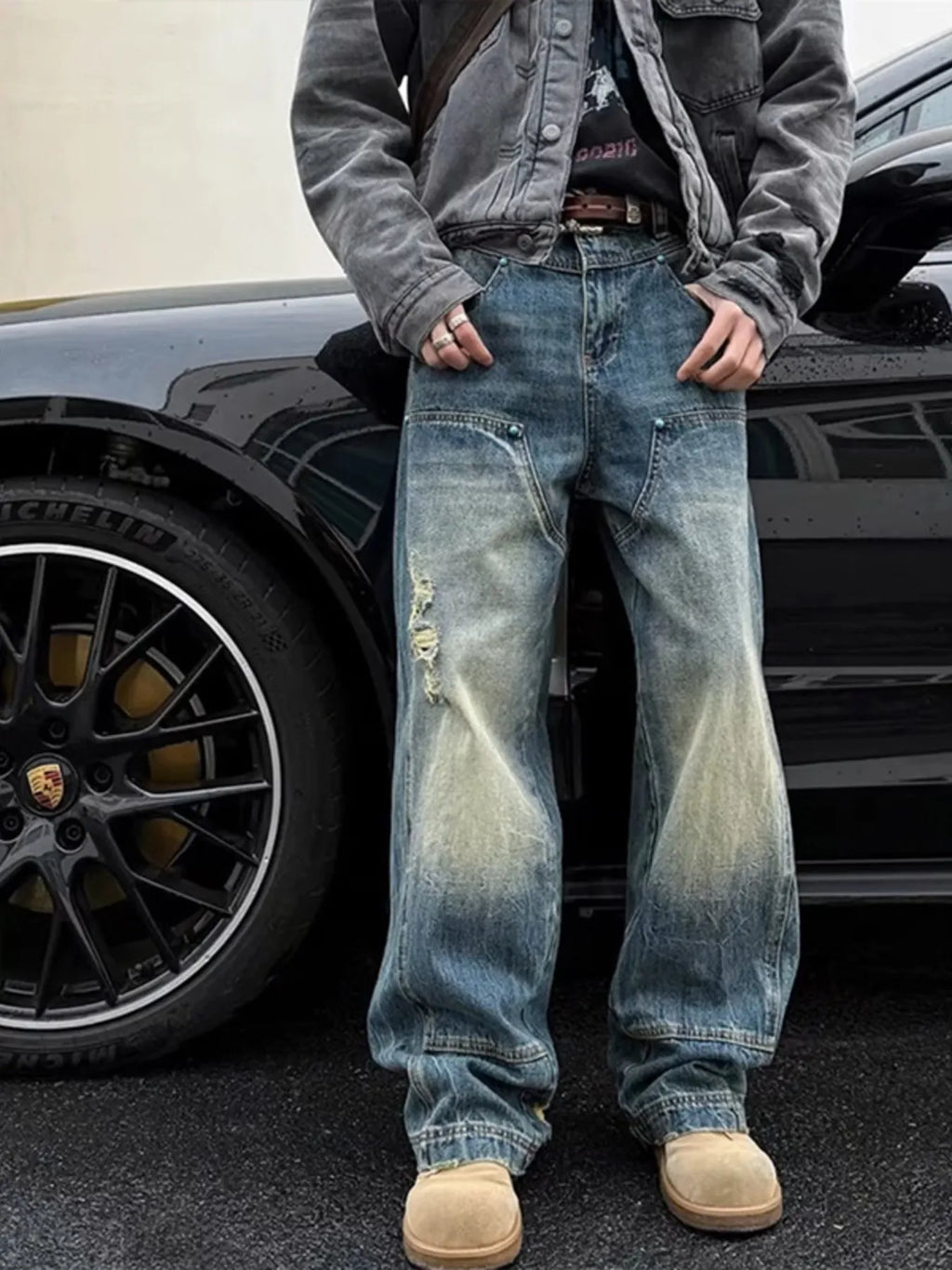 men's men's full size distressed wide leg jeans plus size - second view