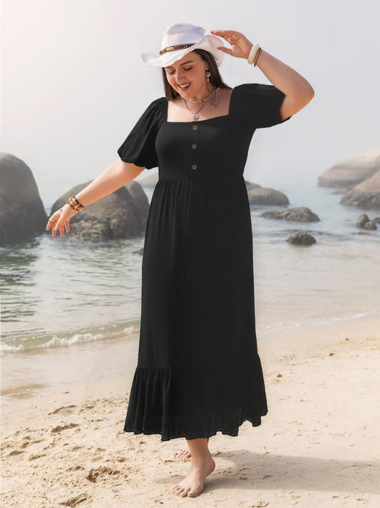 Plus Size Ruffled Hem Square Neck Short Sleeve Dress Black