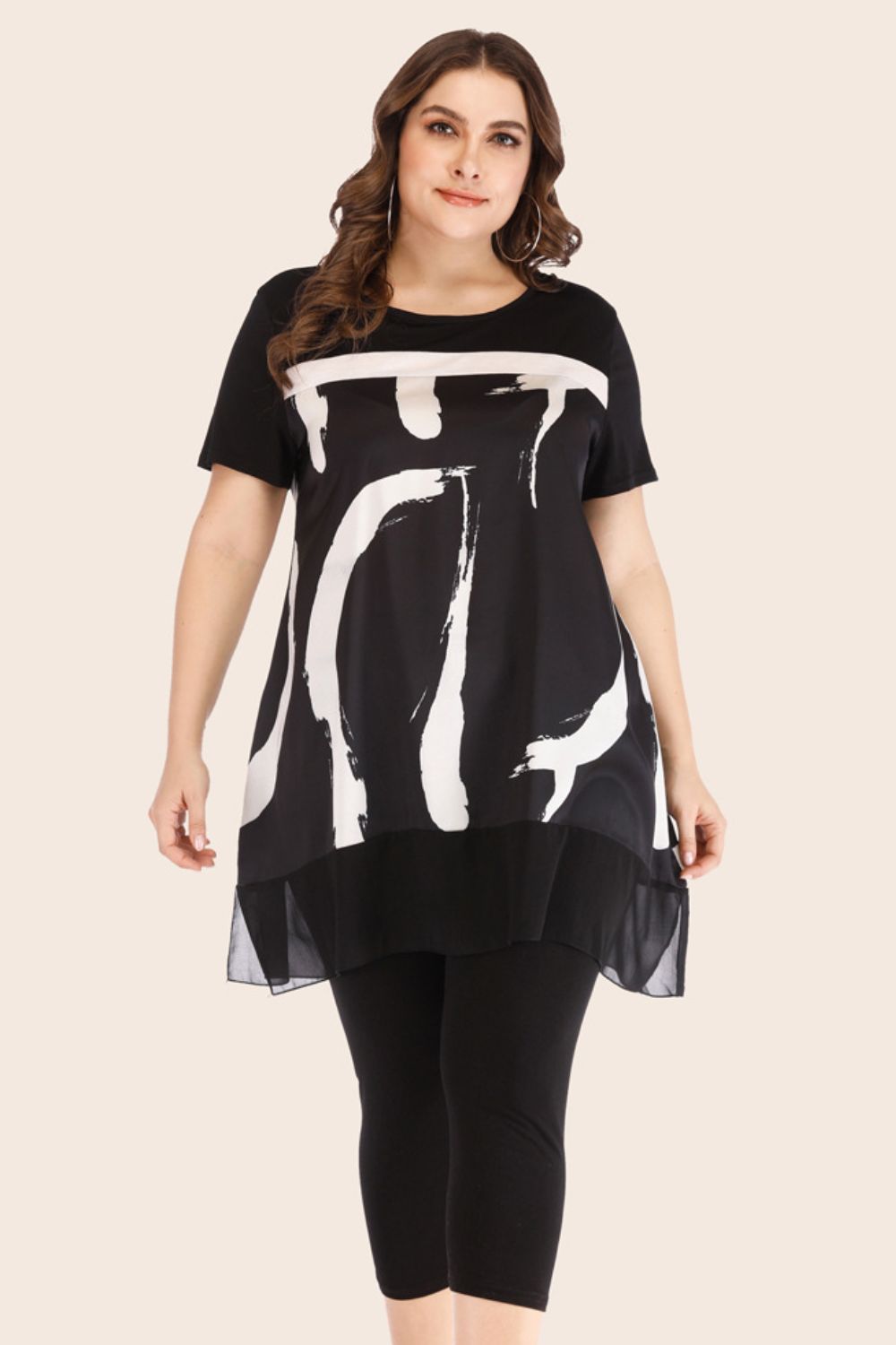 Plus Size Contrast Spliced Mesh T-Shirt and Cropped Leggings Set Black