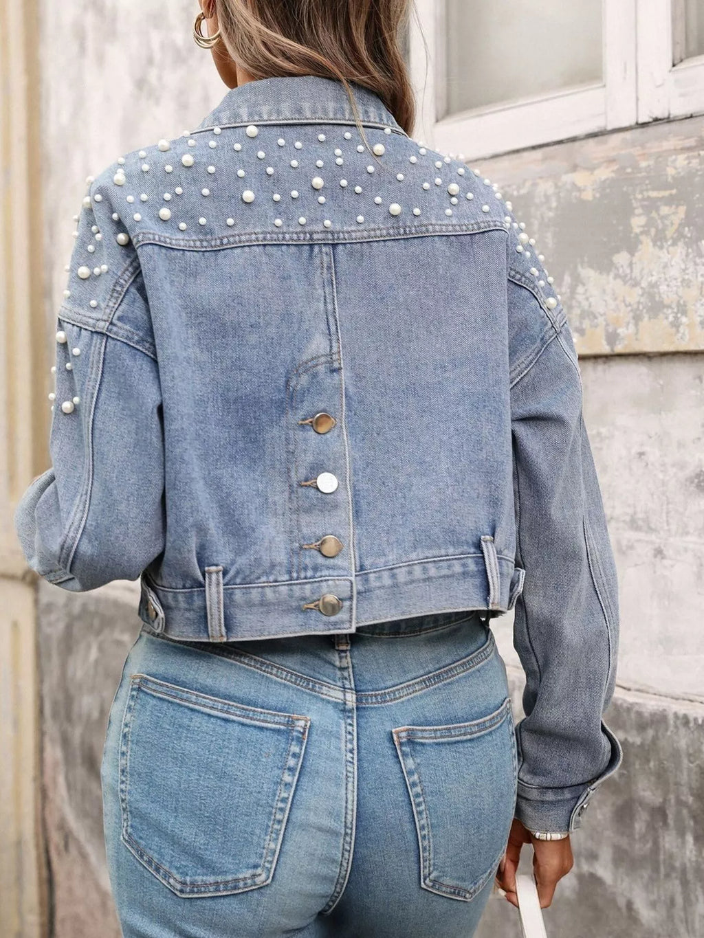women's pearl embellished cropped denim jacket - product detail
