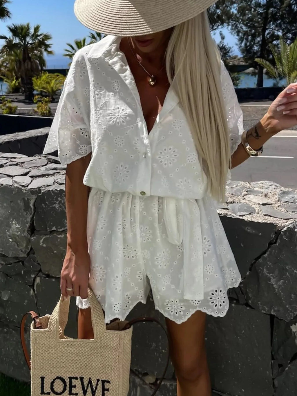 Eyelet Lace Button-Up Romper
