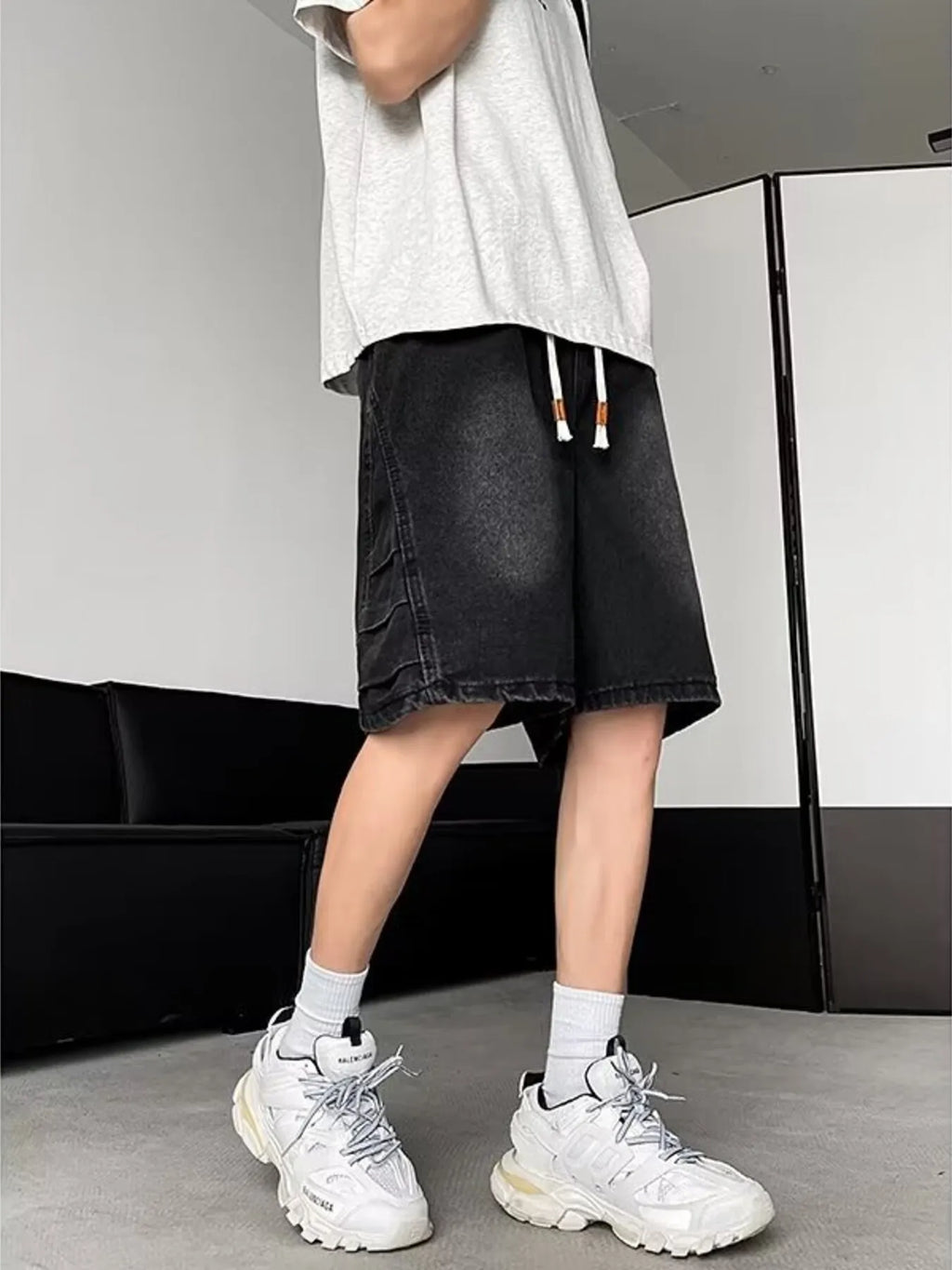 men's men's plus size wash loose fit denim shorts - back view