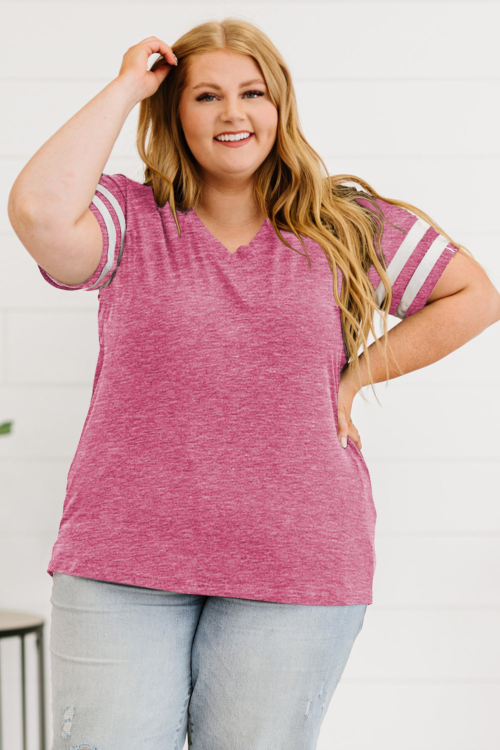 Plus Size Striped V-Neck Tee Shirt Light Mauve