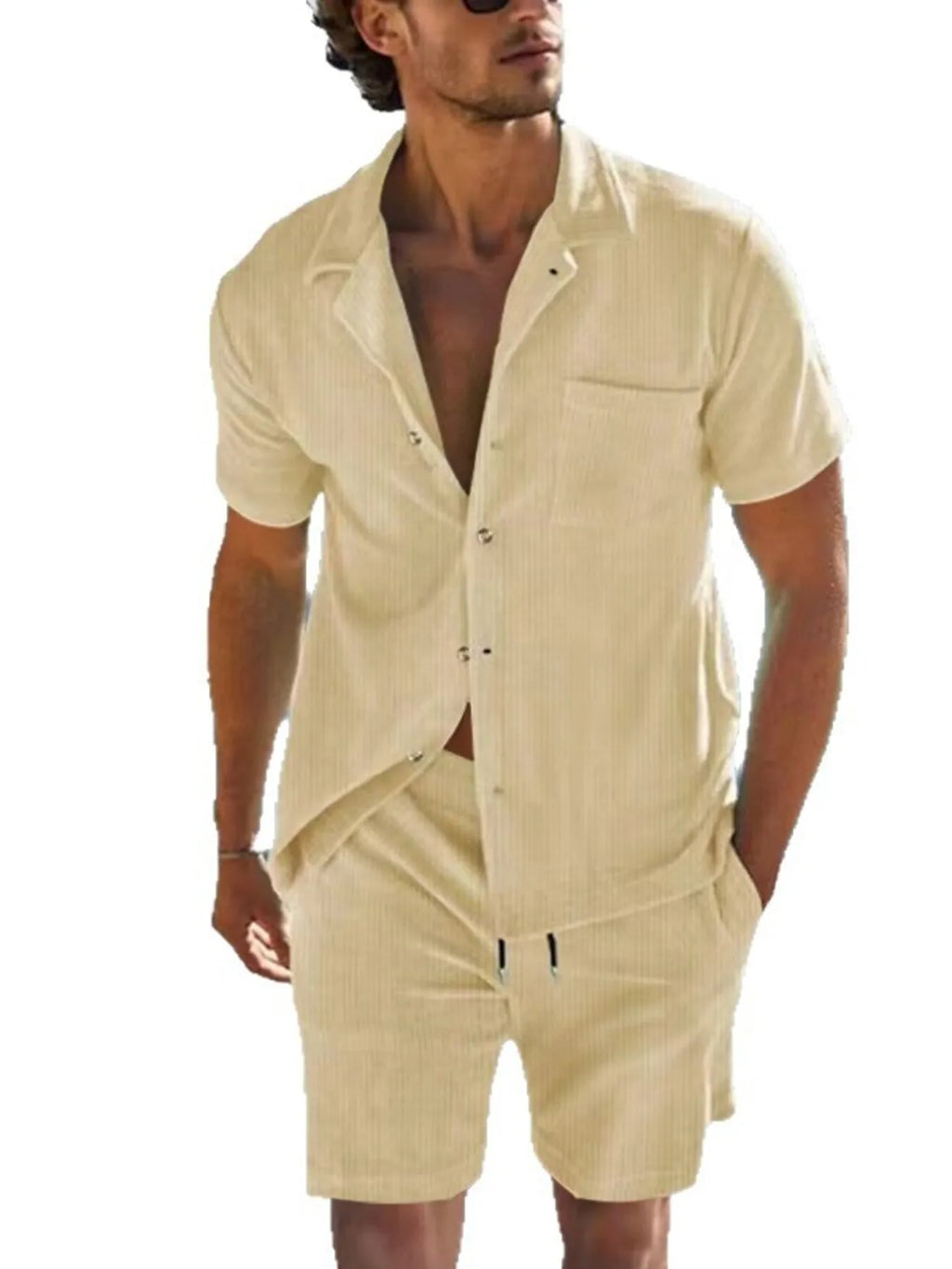 men's men's full size button detail short sleeve top and shorts set plus size - side view