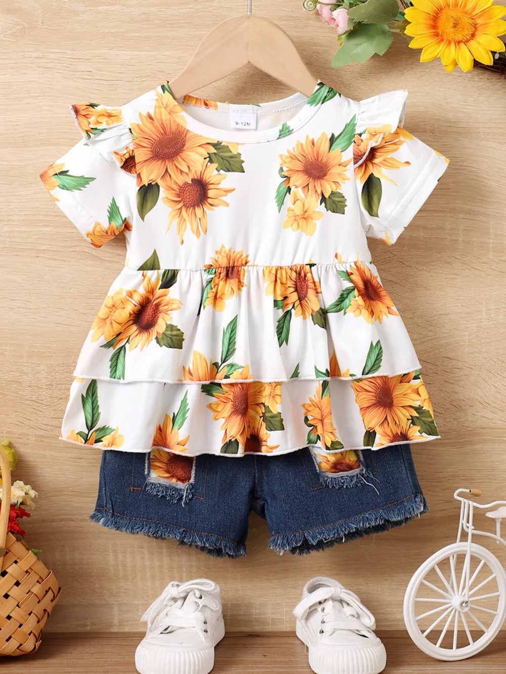children's sunflower ruffled short sleeve top and shorts set — stylish clothing for kids