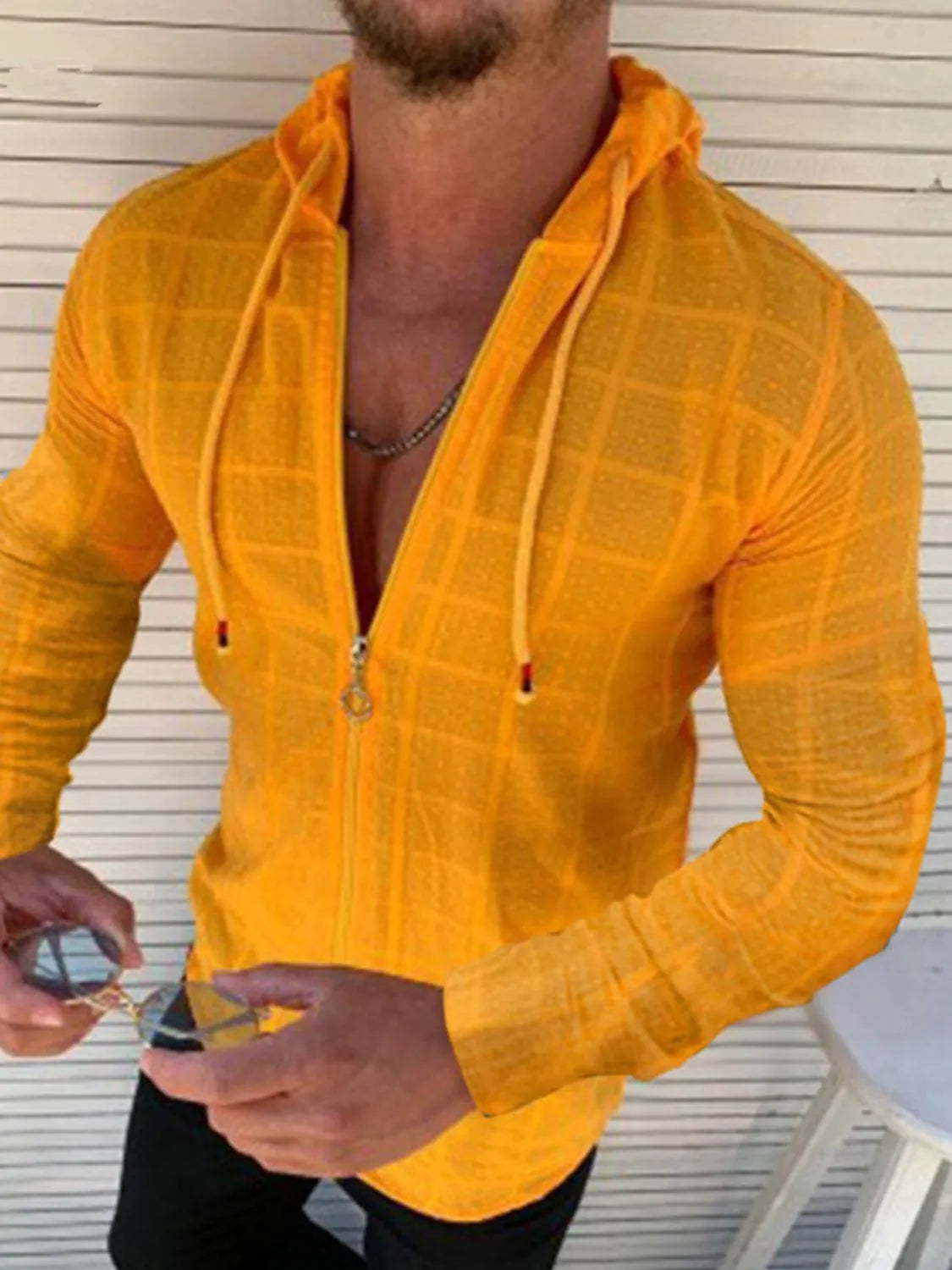 Men's Full Size Zip Up Long Sleeve Hooded Top Plus Size Mustard
