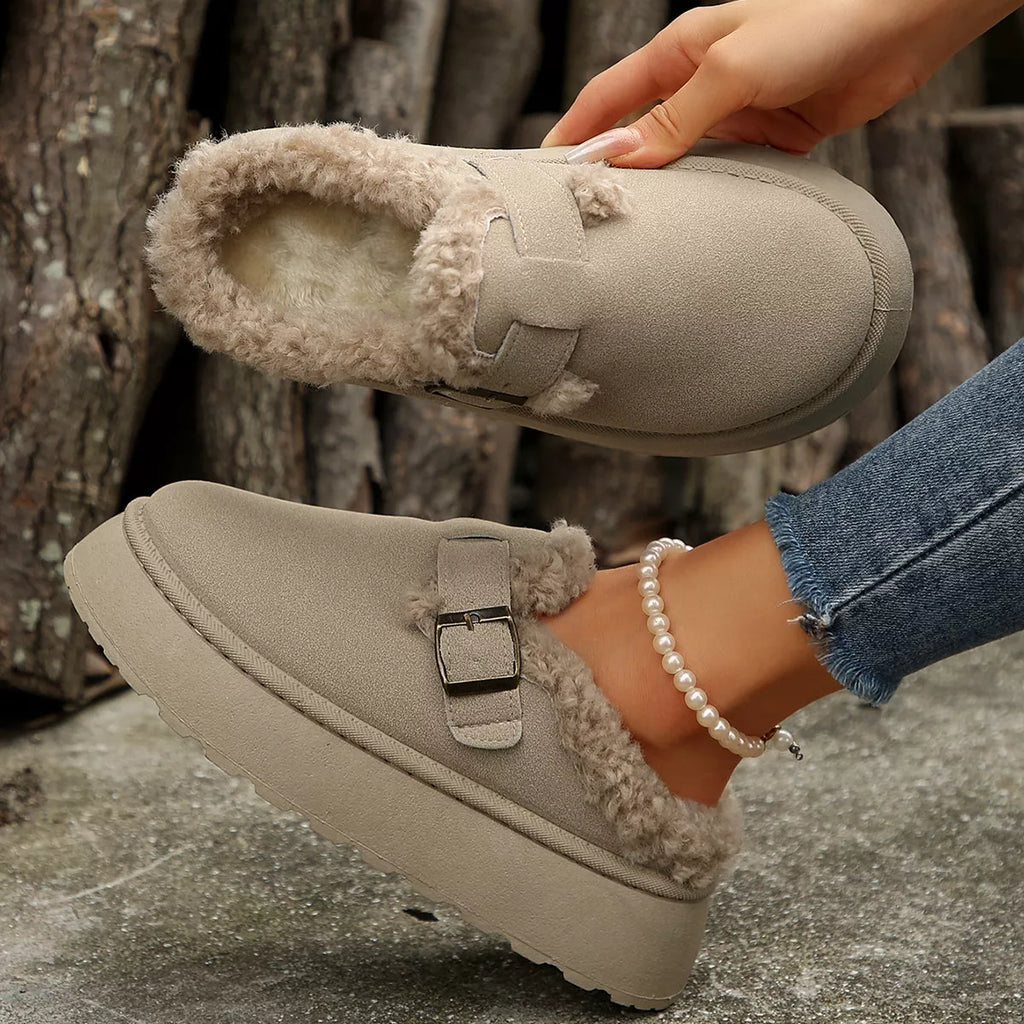 women's fuzzy trim buckle platform slippers - styling option