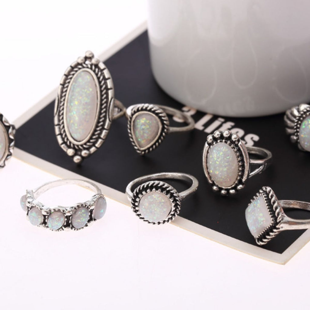 Donjane 8-piece boho ring set featuring opal stones and bold shapes