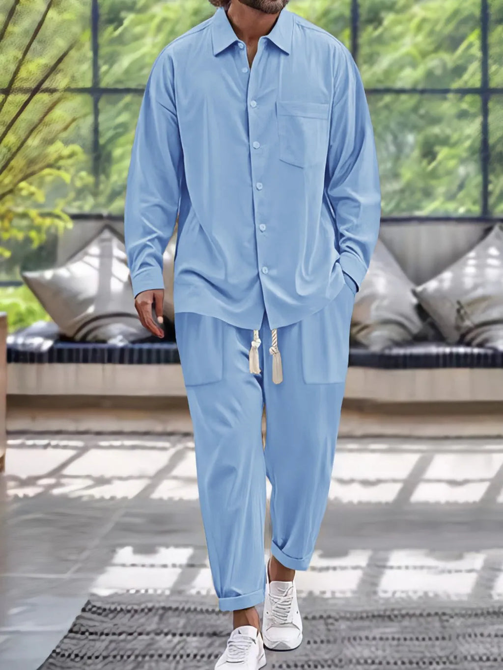 men's men's button down long sleeve shirt and pants set - styled view