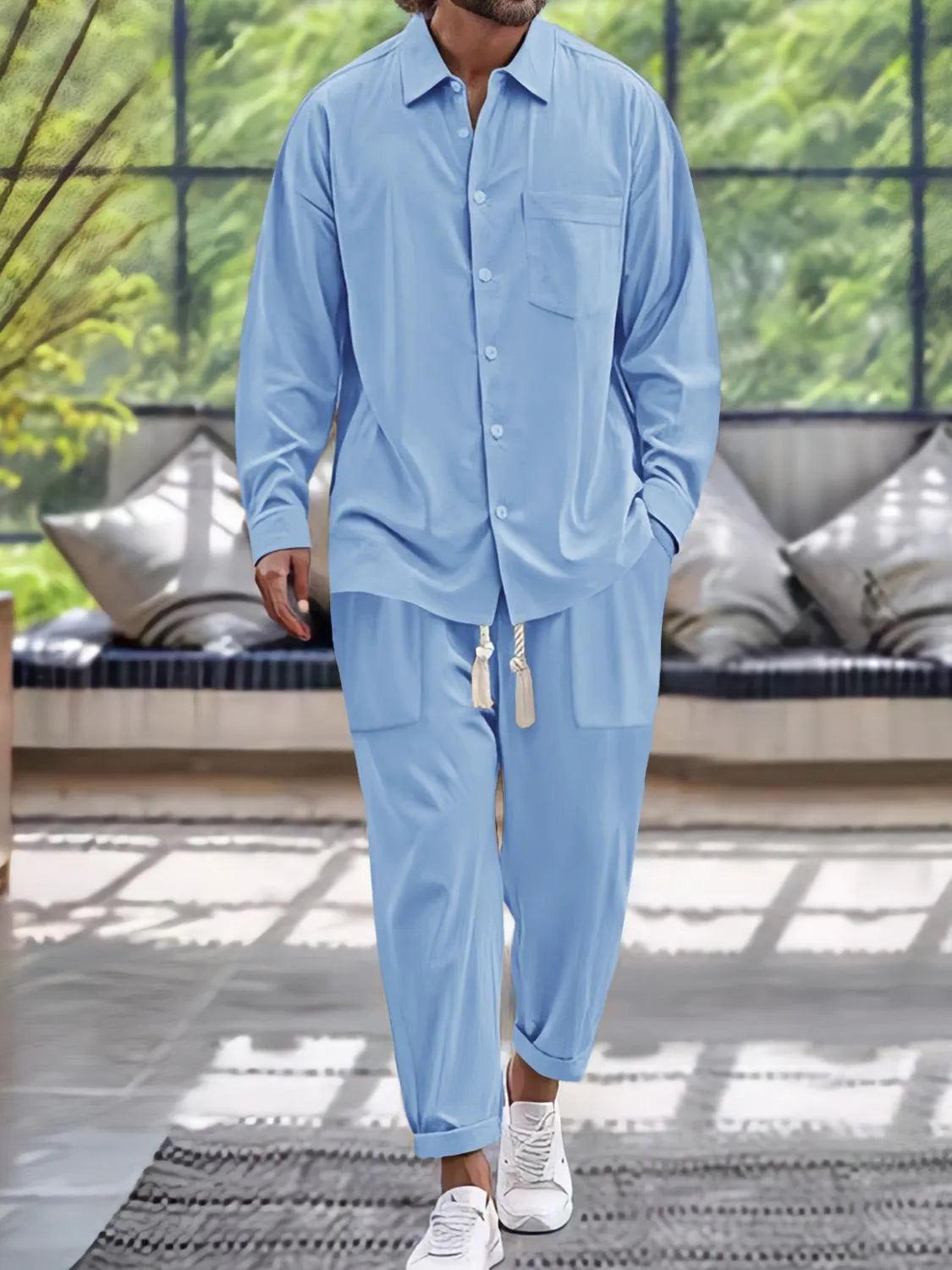 men's men's button down long sleeve shirt and pants set - styled view