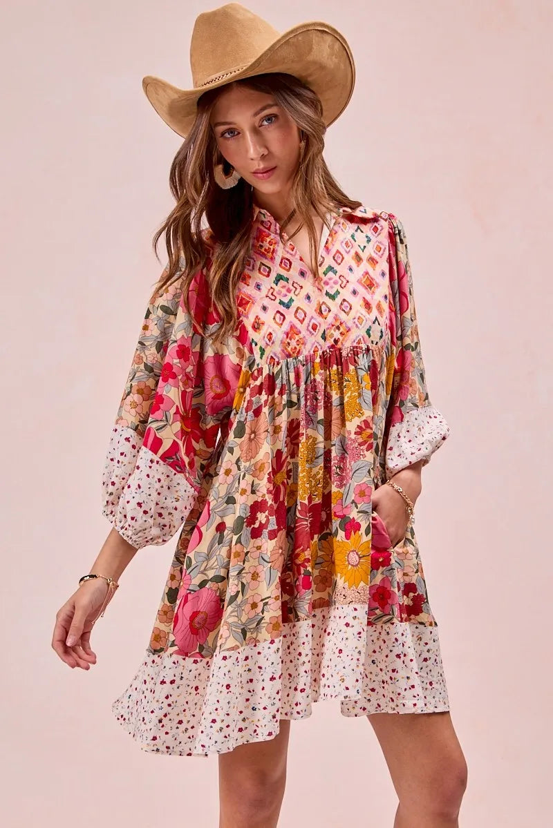 bibi print mix and match bubble sleeve dress shown as women’s outerwear