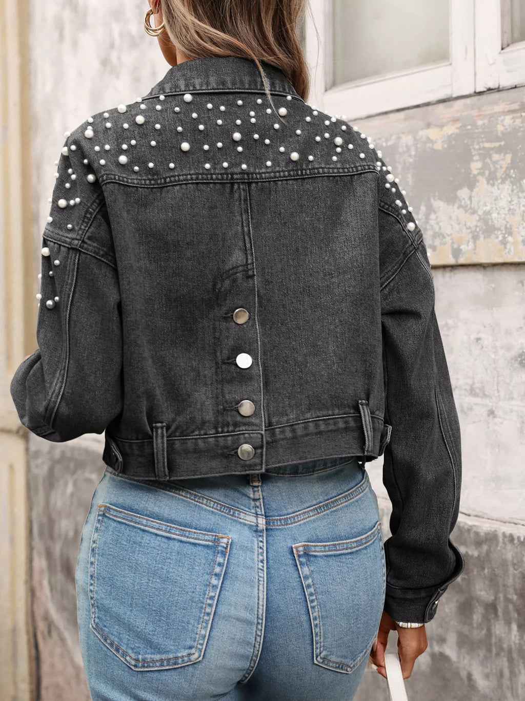 women's pearl embellished cropped denim jacket - styling option