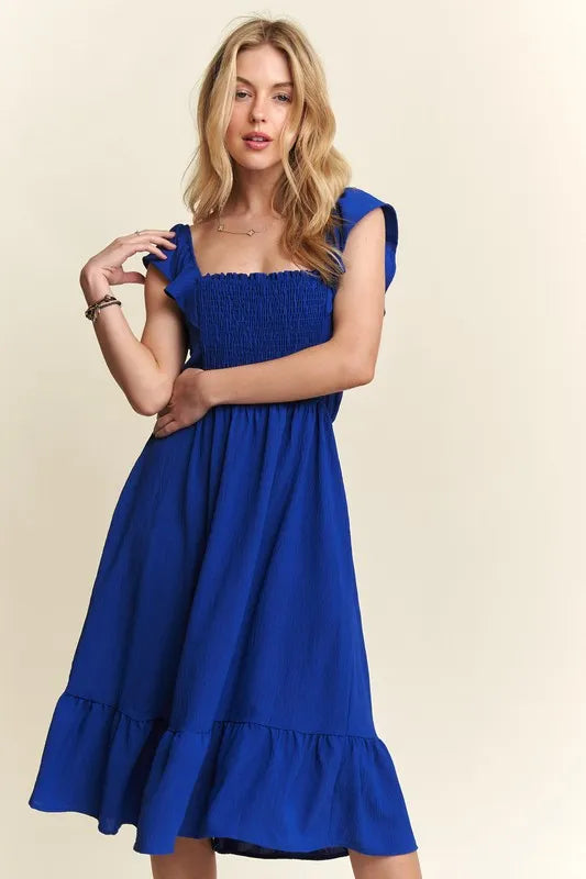 ADORA Smocked Square Neck Ruffled Cap Sleeve Dress Royal Blue