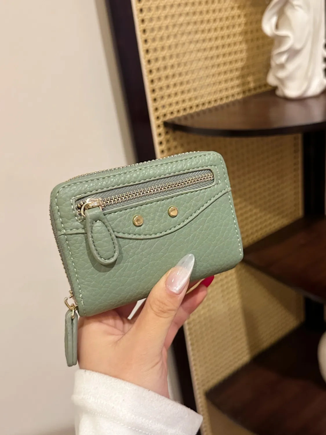 PU Leather Solid Color Card Case Sage One Size