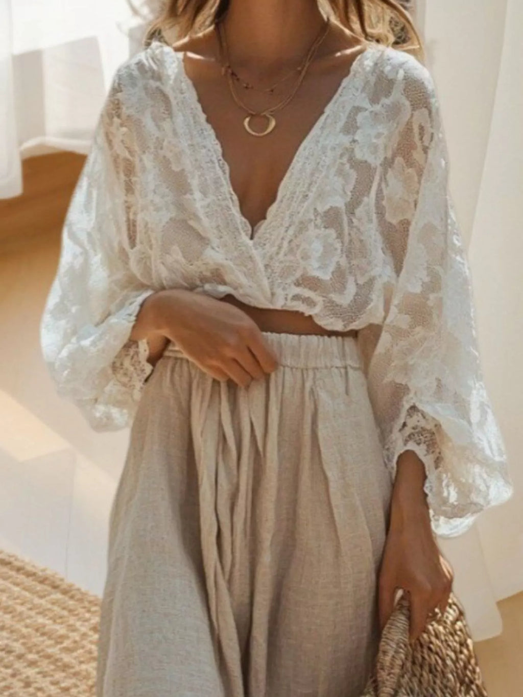women's lace long sleeve top and skirt set - second view