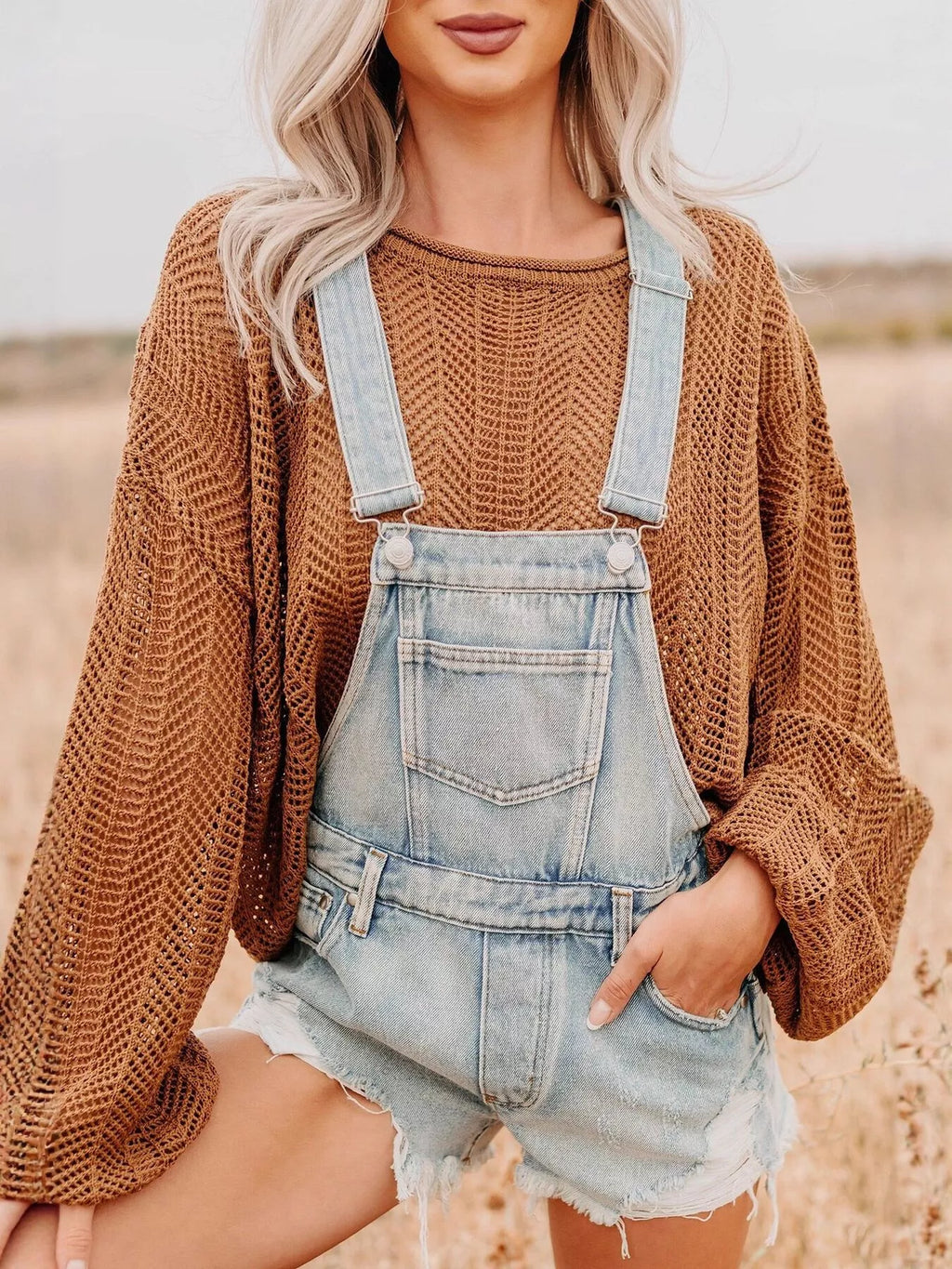 women's distressed denim overalls shorts - detail shot