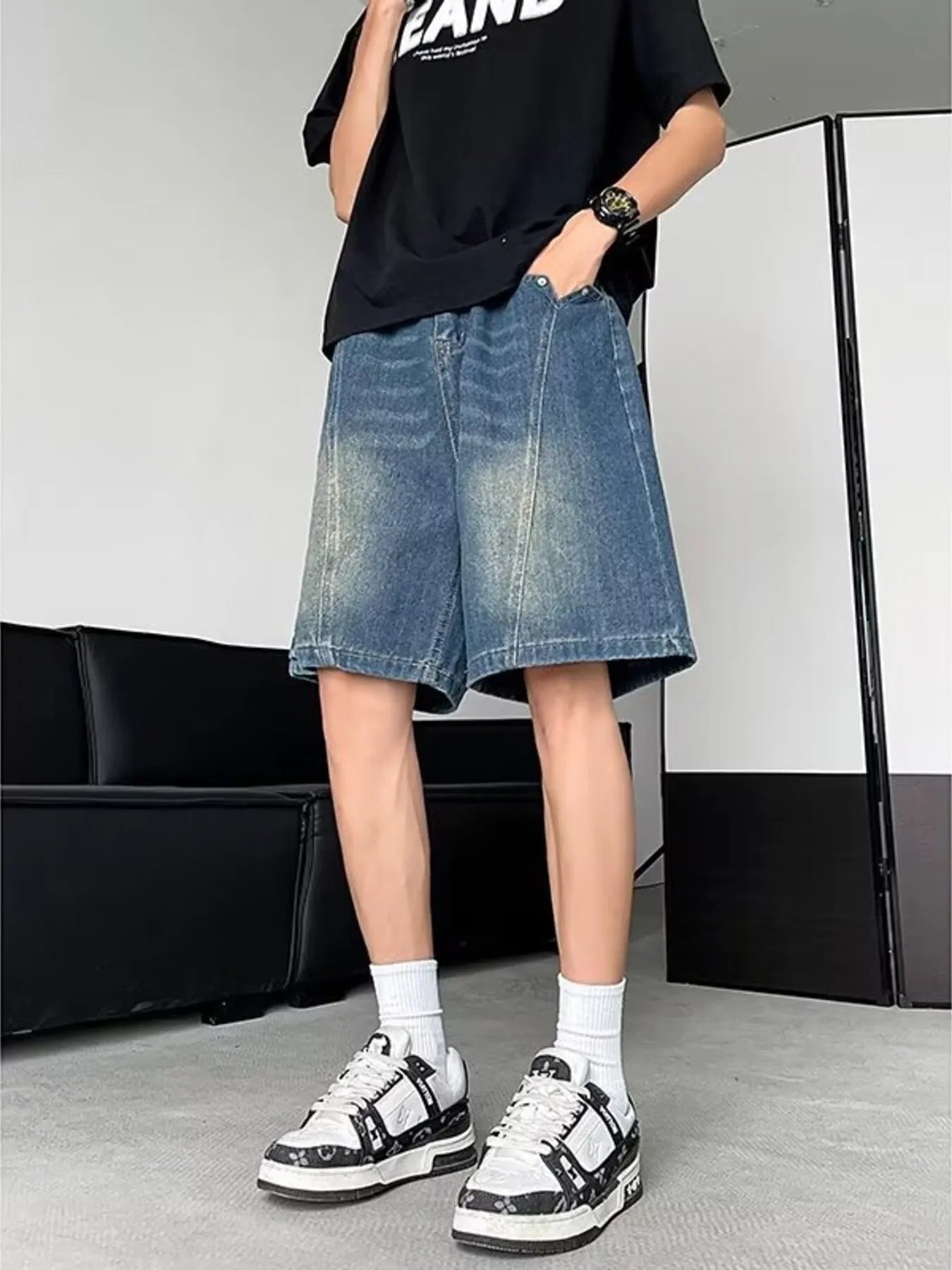 men's men's plus size vintage wash loose fit denim shorts - side view