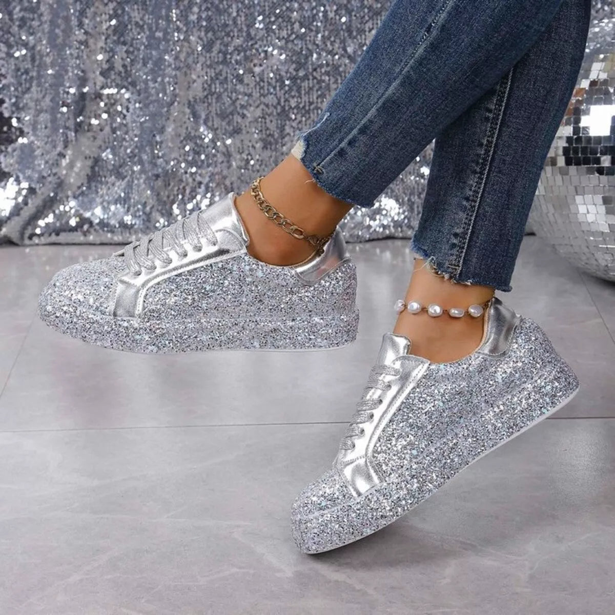 women's sparkling lace up sneakers - additional image