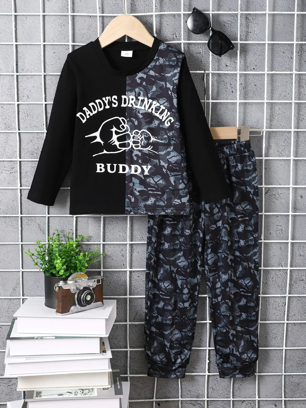 children's camouflage color block top and pants set — stylish clothing for kids