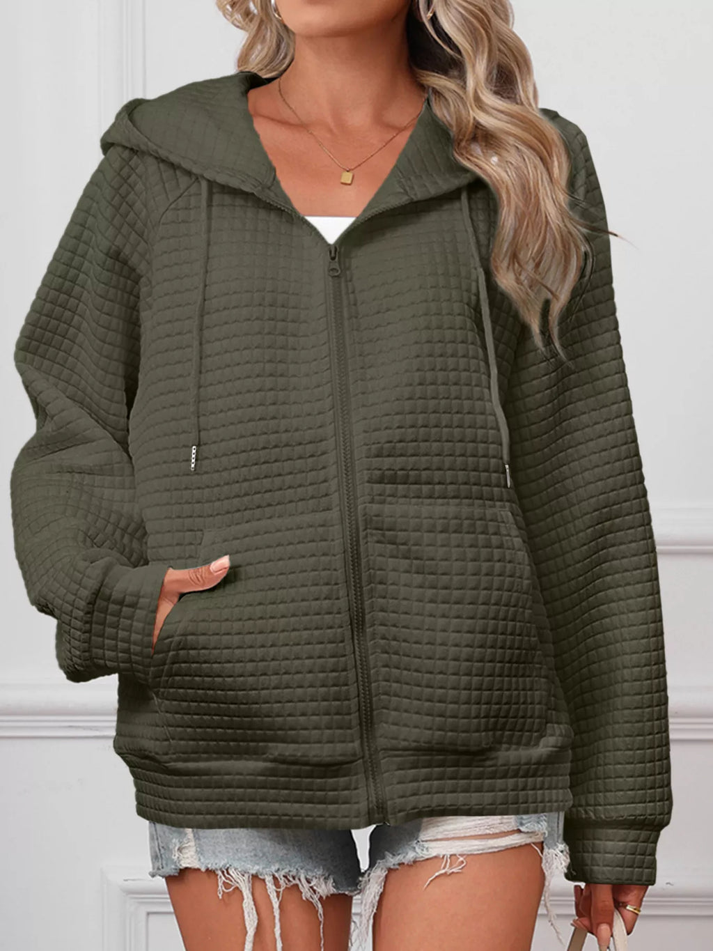 women's full size textured quilted zip-up hooded jacket plus size - extra view