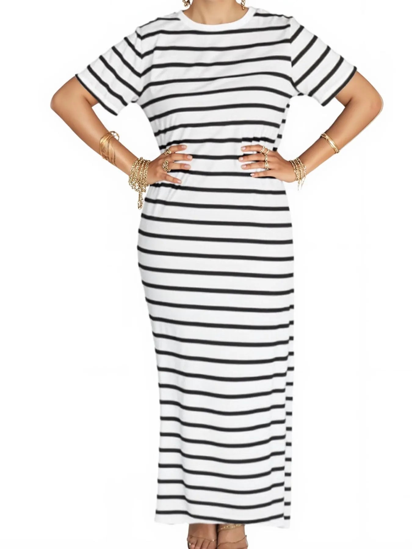 Full Size Striped T-Shirt Maxi Dress with Side Slit Plus Size