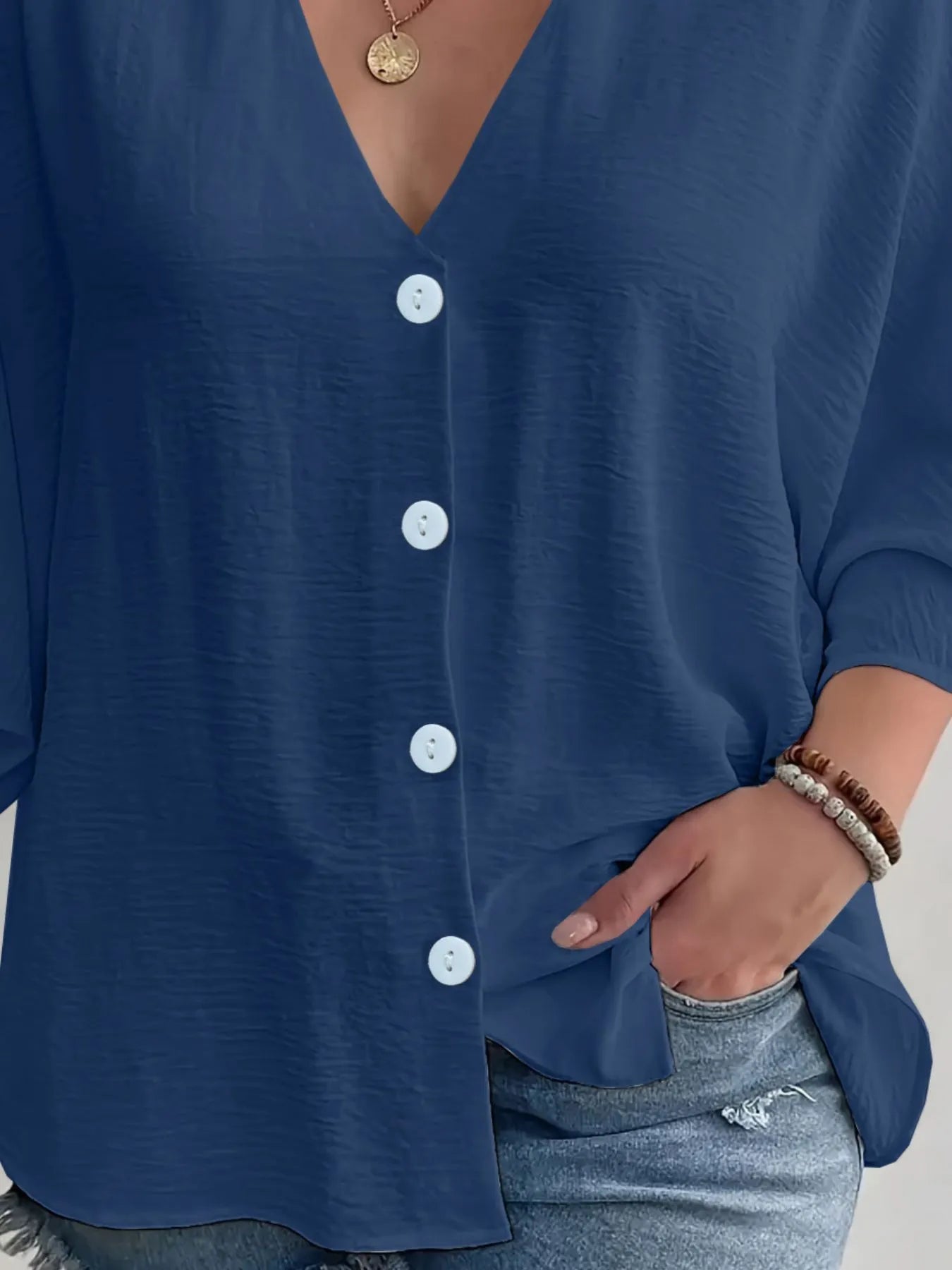 Full Size Casual V-Neck Button Down Relaxed Fit Blouse Plus Size