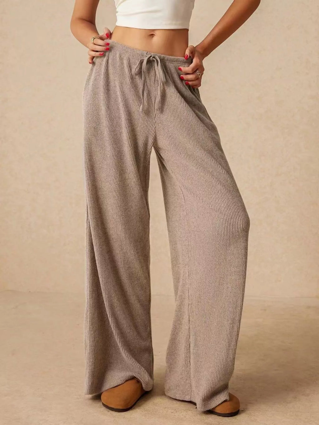 women's drawstring wide leg pants - styled view
