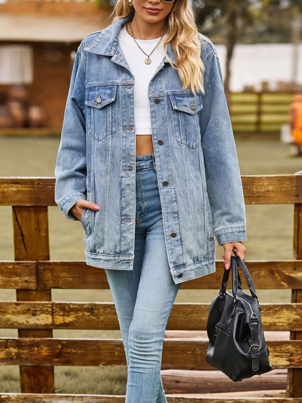 women's button down washed denim jacket - additional image