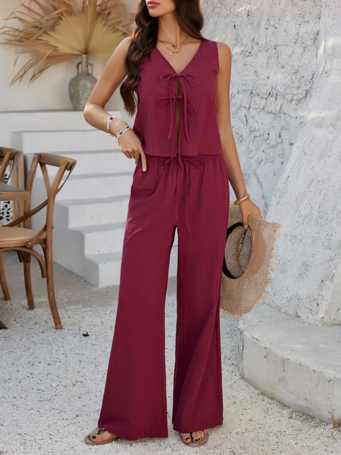 Devine Tied V-Neck Sleeveless Top and Pants Set