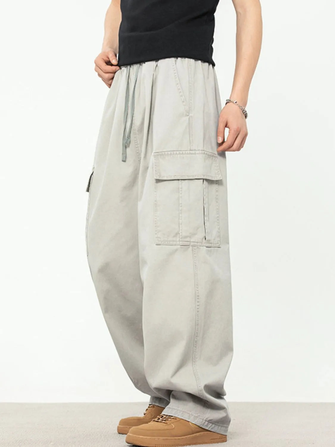 Men's Plus Size Drawstring Pants with Cargo Pockets Light Gray