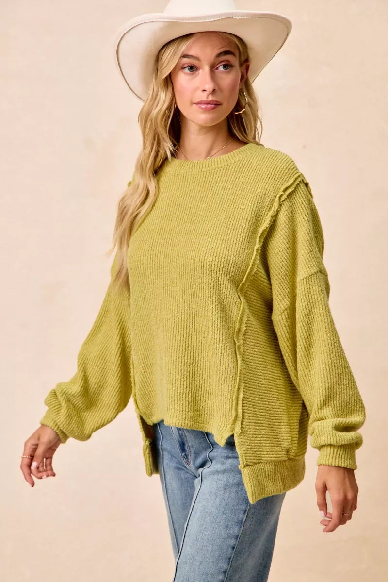 women's bibi boucle rib knit uneven hem sweater with open seam - additional image