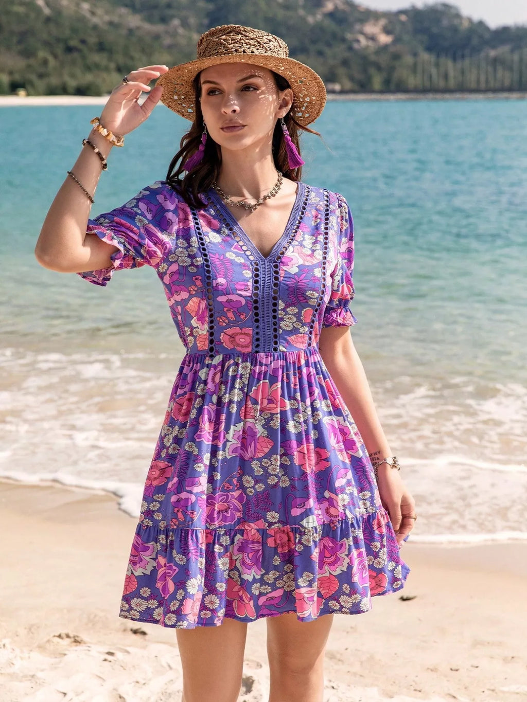 women's floral print v-neck mini dress - styled view