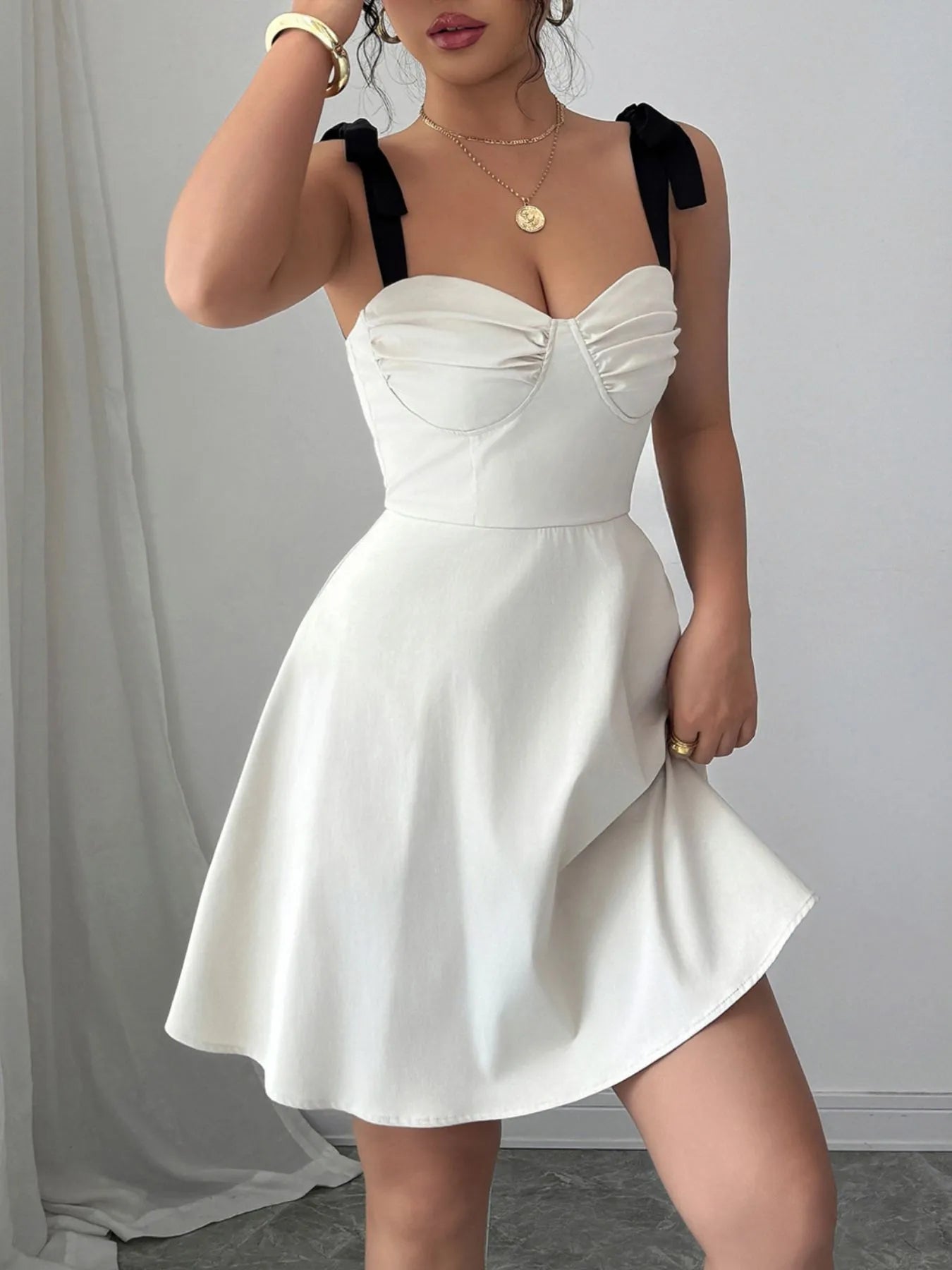 Sweetheart Neck Tie Shoulder Dress Apricot