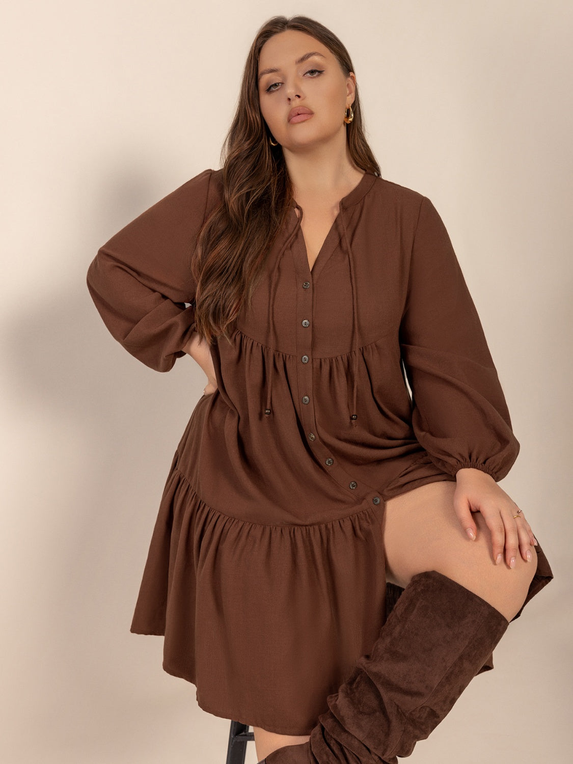 Plus Size Tie Neck Balloon Sleeve Tiered Dress