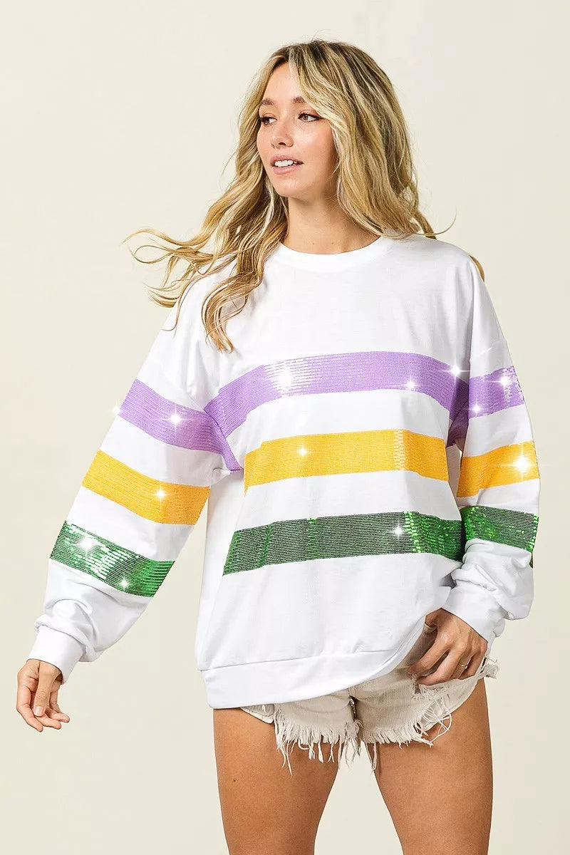 women's bibi sequin mardi gras striped round neck sweatshirt - additional image