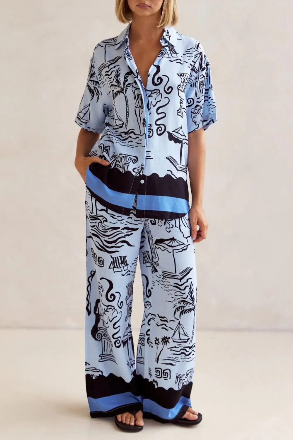 Printed Button Up Shirt and Pants Set Plus Size Light Blue