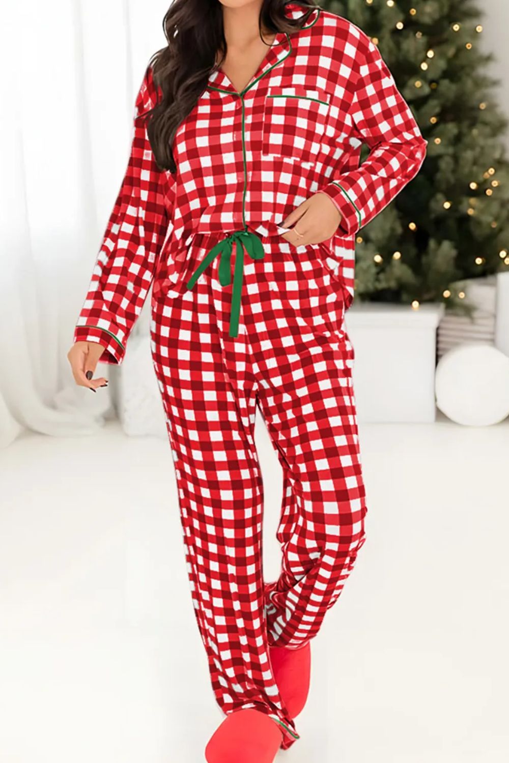 Contrast Piping Plaid Top and Pants Lounge Set Deep Red