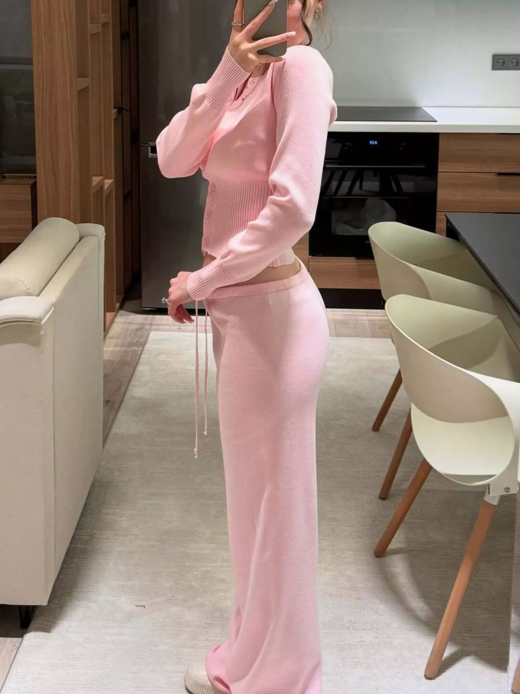 women's button up cardigan and pants knit set - lifestyle shot