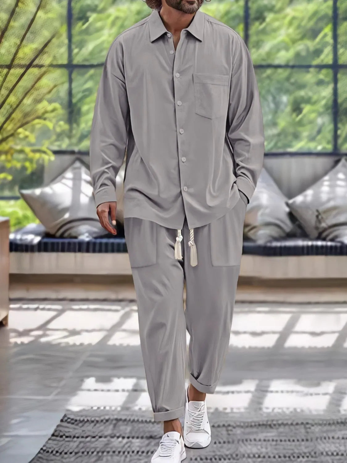 men's men's button down long sleeve shirt and pants set - close-up detail