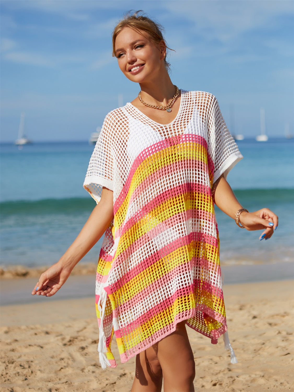 Angel Wings Cutout Striped Cover-Up with Tassel Pink One Size