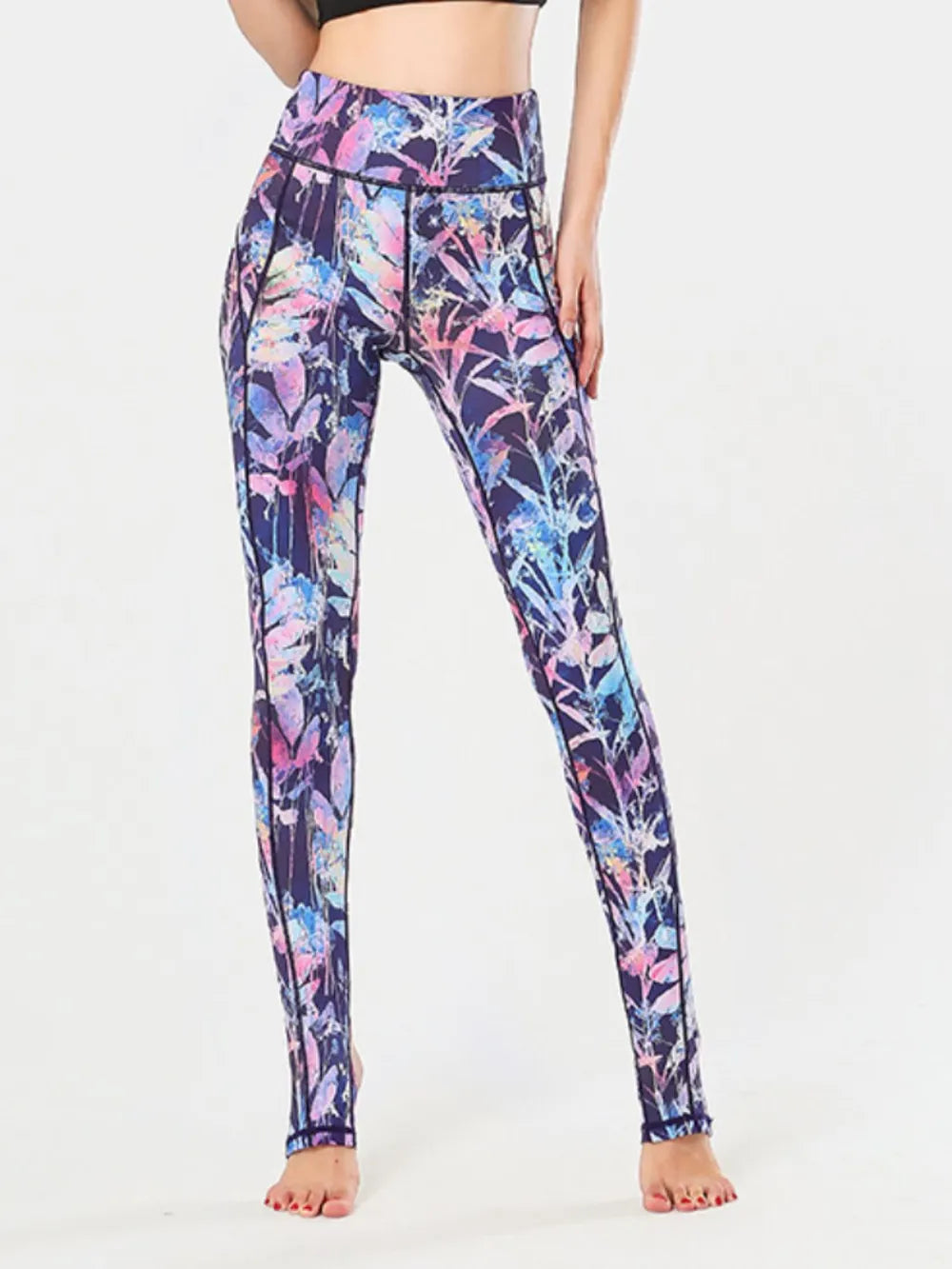 women's printed wide waistband active leggings with stirrups - styling option