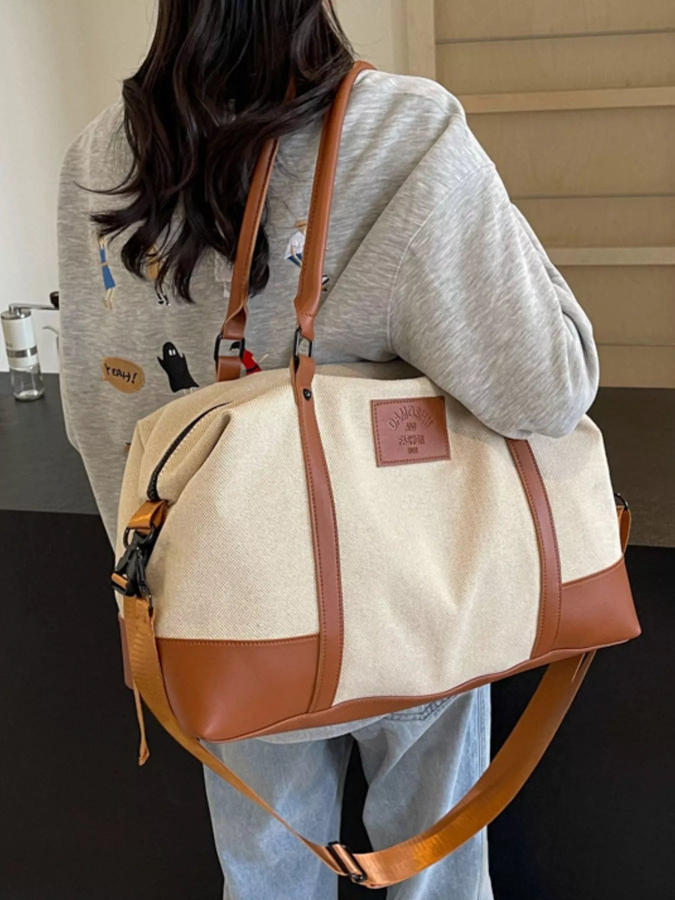 women's canvas leather trim travel  bag - additional image