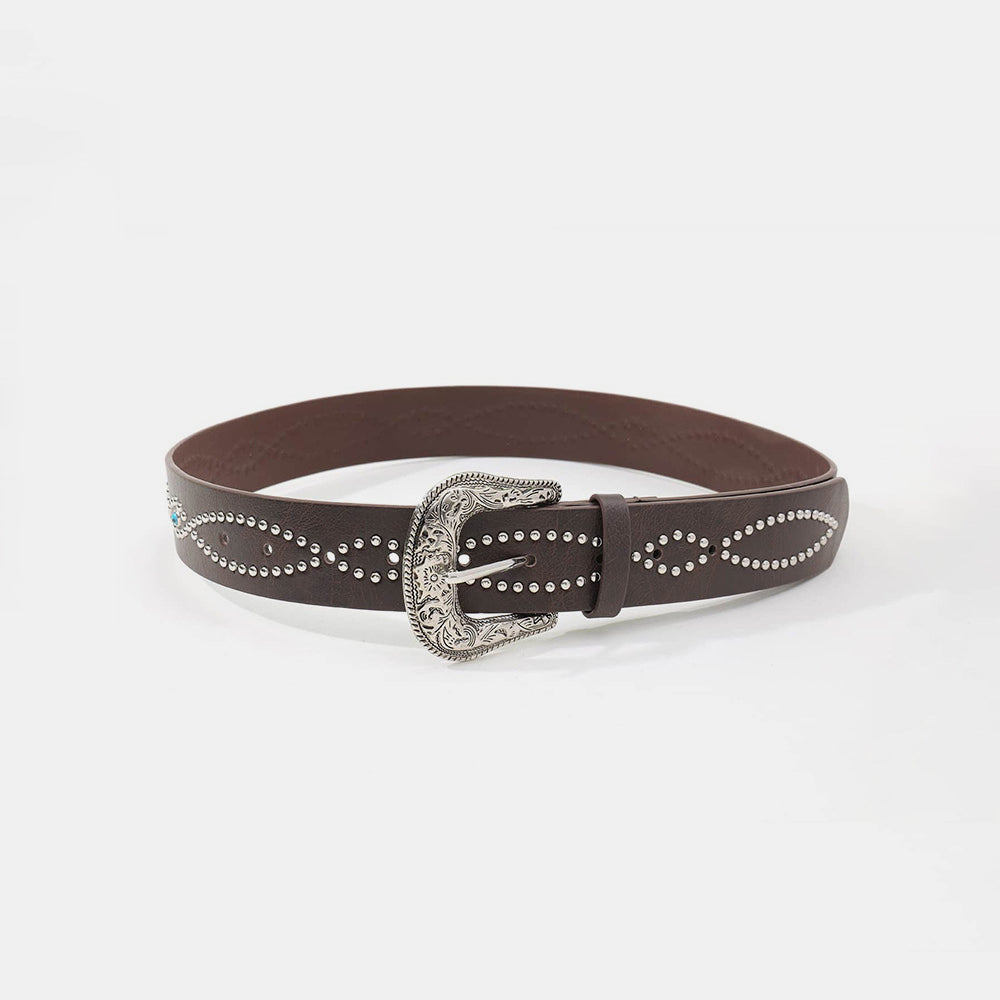 PU Leather Rhinestone Belt Coffee Brown