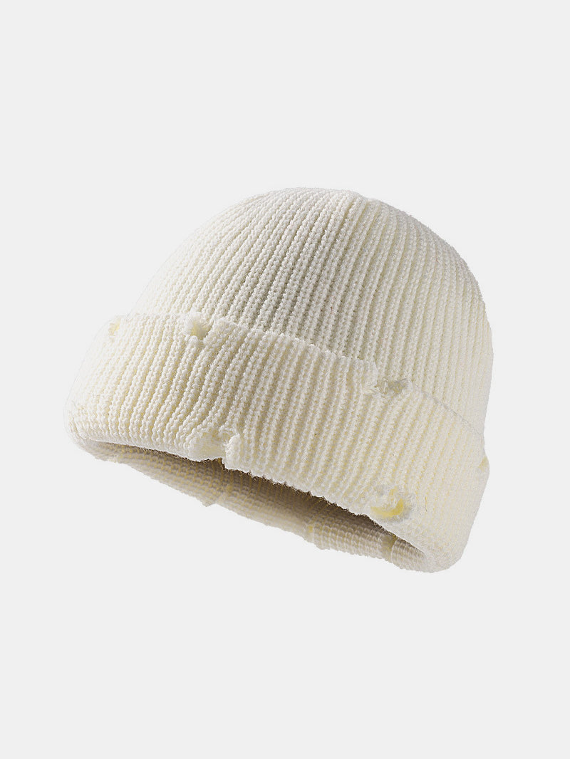 Distressed Cuffed Knit Hat White One Size