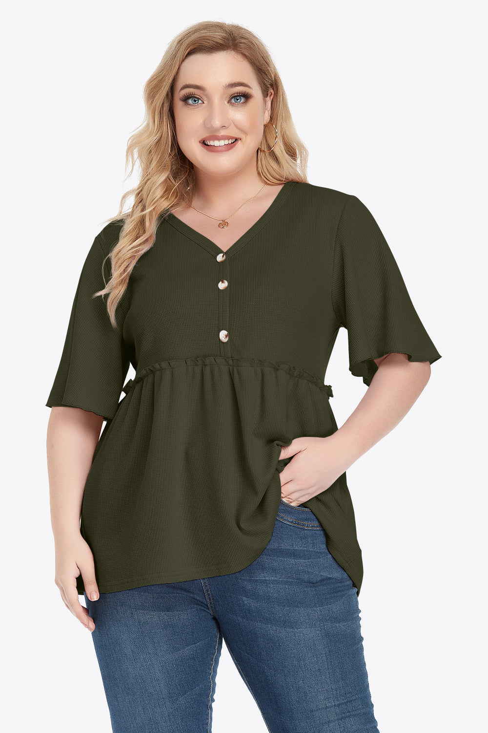 Plus Size Buttoned V-Neck Frill Trim Babydoll Blouse Army Green