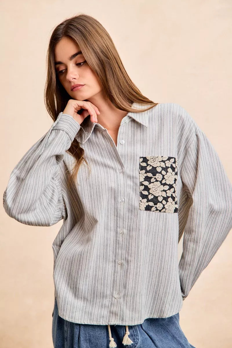 women's bibi flower jacquard knit patch pocket stripe shirt - extra view